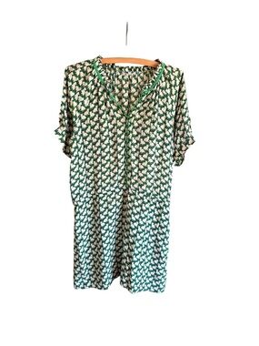 100% Silk Cat Print Mini Dress Green Blue Novelty Animal Print Size M